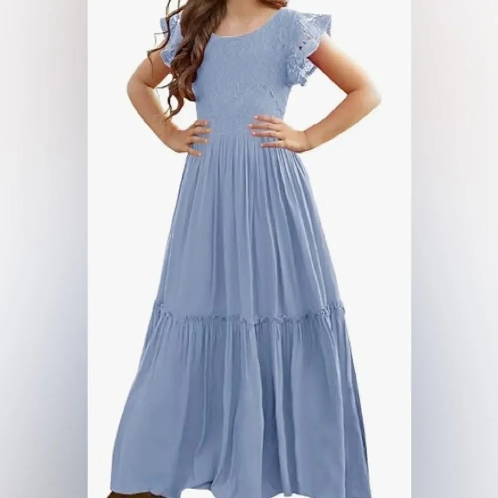 Girls A-line blue lace and ruffle maxi dress NWOT